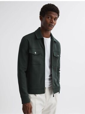 Reiss Medina Interlock Jersey Zip-Through Overshirt Emerald Green